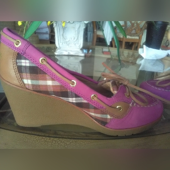 BNWOT PINK SPERRY TOP SIDERS HIGH HEELS (WEDGES) OMG ADORABLE! SZ. 8 M LEATHER - Picture 2 of 12